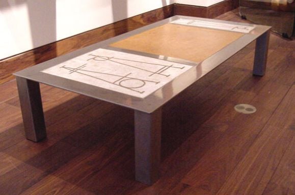 Steel Chrome Coffee Table w/ Leather & Ceramic Top