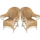 PAIR of Rattan & Buffalo Leather Armchairs