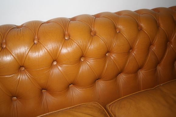French tufted (capitone) sofa uphostered in yellow oker leather