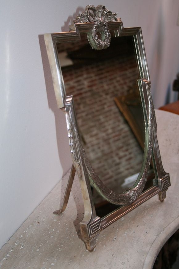 1930s French Silver Plated Vanity Mirror For Sale at 1stdibs