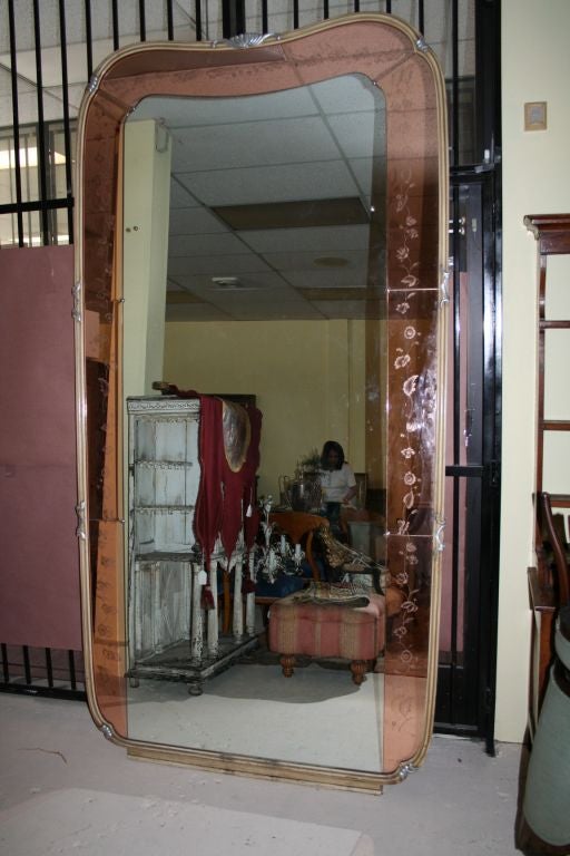 Impressive 9-foot art deco mirror with rose etched glass  trim