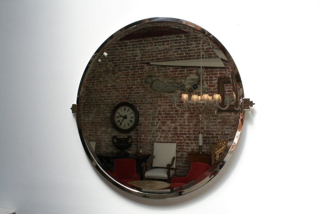 Pair of exceptional round nickel mirrors 3' diameter beveled mirror. Handmade in Los Angeles by Adesso Imports. Can be done in different shapes, sizes and finishes.