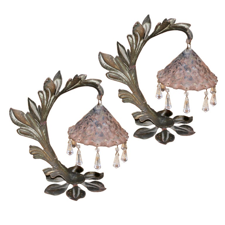 Pair of 19th century iron table lamps with crystal drops, original patina.