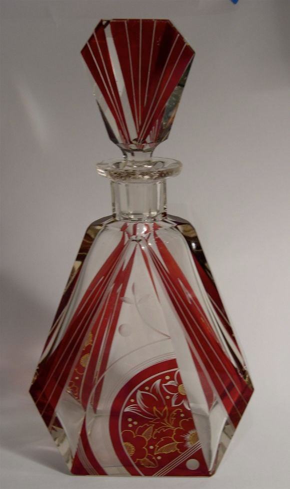 Art Deco Geometric Bohemian Crystal Decanter and Glass Set