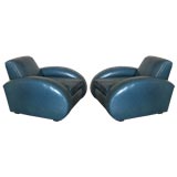 Pair Streamline Club Chairs in Cerulean Blue Leather