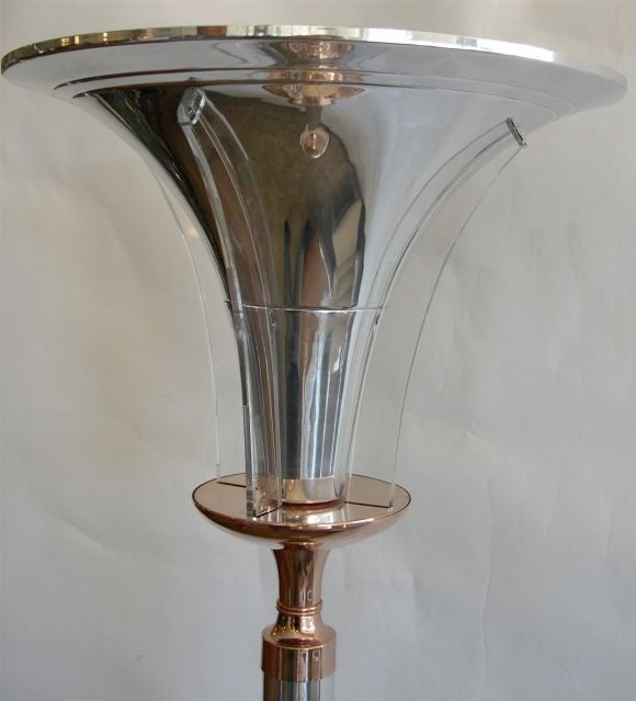 Streamline Art Deco Chrome Copper and Lucite Torchiere Lamp