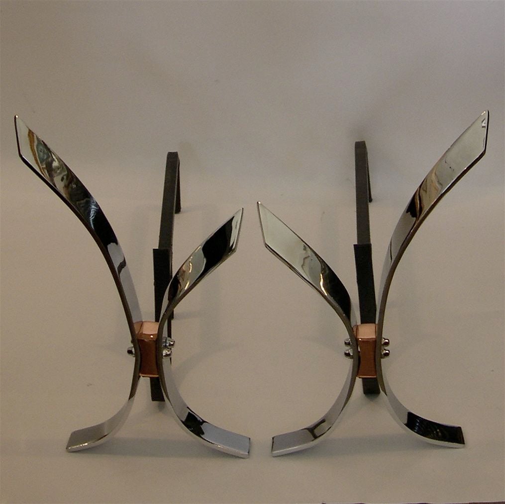 Art Deco Moderne Fireplace Andirons in Chrome with Copper Accents In Excellent Condition For Sale In Los Angeles, CA