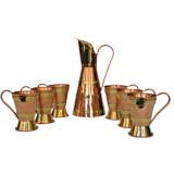 Vintage Large Handmade Copper & Brass Pitcher & 6 Cups by Hector Aguilar
