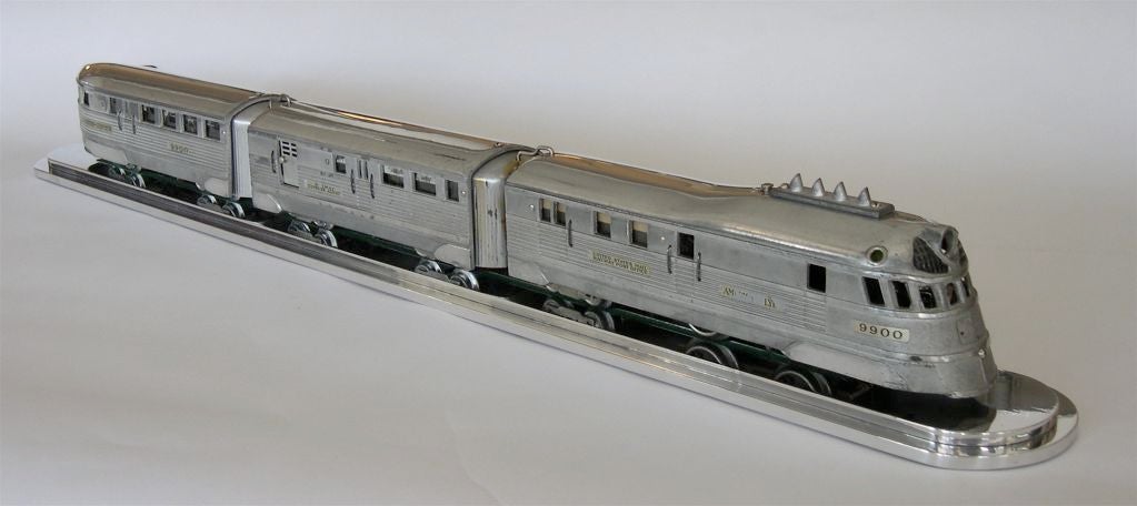 This 1930's American Flyer model train is a scale model of the streamline classic Burlington Zephyr, designed in 1934 by Albert Dean with interiors by Paul Cret and John Harbeson. Pictured on the cover of 