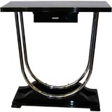 Streamline Art Deco Console Table in Black Lacquer and Chrome