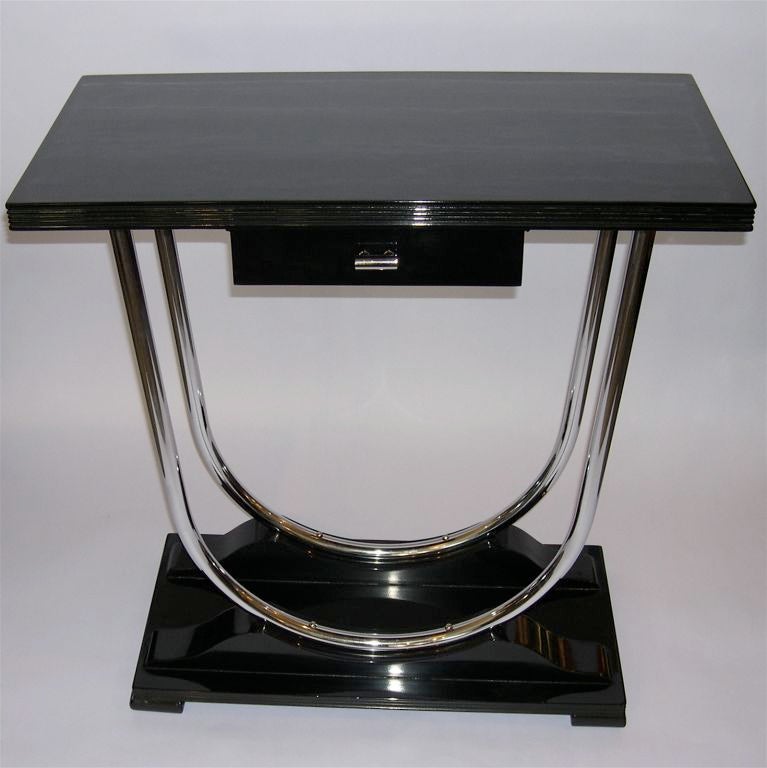 Streamline Art Deco Console Table in Black Lacquer and Chrome
