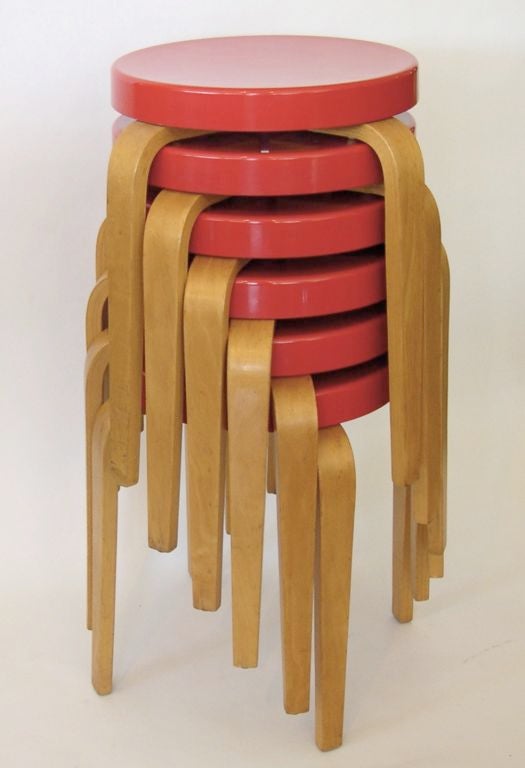 20th Century Rare Red Bakelite & Birch Stacking Stools/Tables by Thonet