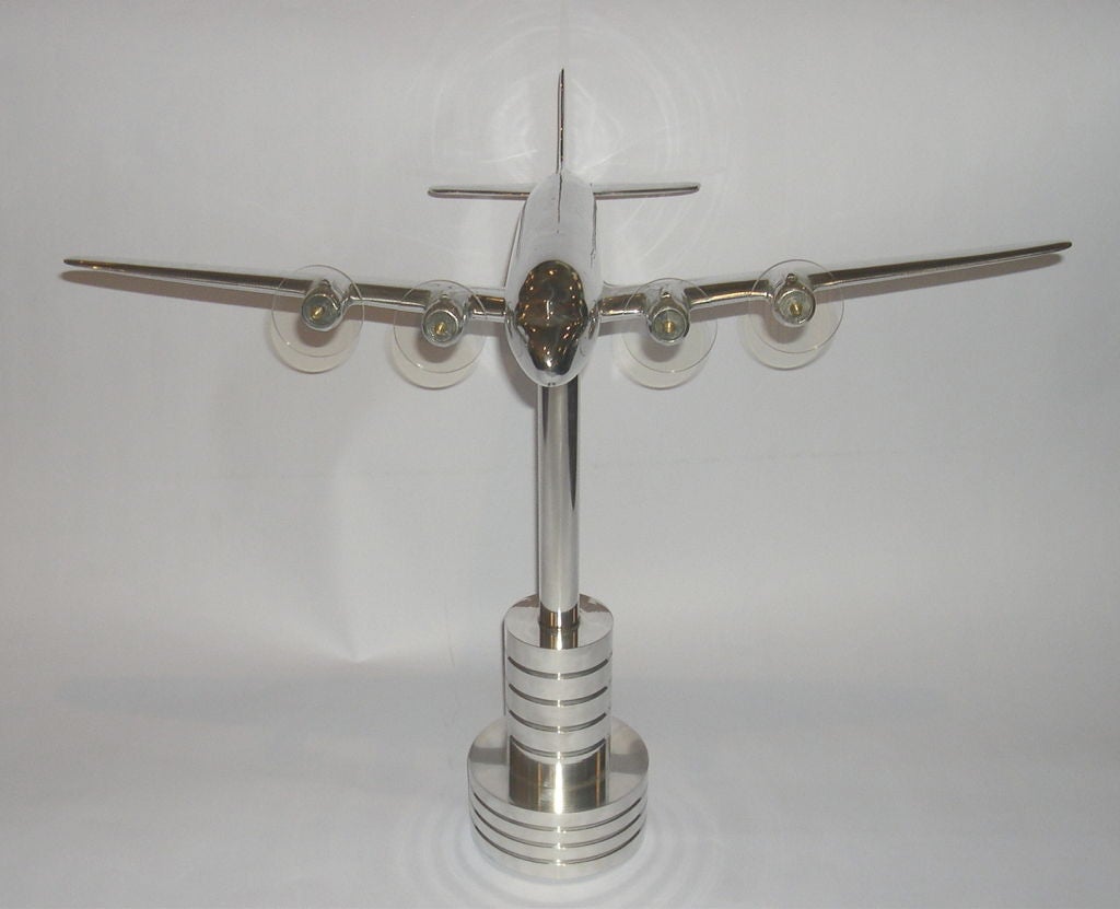 20th Century Large Aluminum DC6 Airplane Model w/ Handcrafted Aluminum Stand