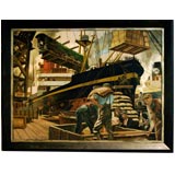 Large Framed Signed WPA Oil Painting of the Brooklyn Waterfront