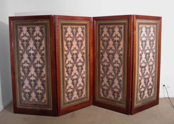 An Italian Directoire Walnut and Papier Peint Folding Screen From Castello Monfeato. Circa 1795-1800