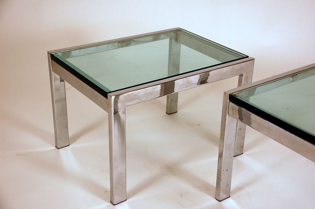 Pair of Modernist Chrome and Thick Glass Side Tables. The perfect modern sofa end tables. Also great side by side, as a 2-part coffee table.