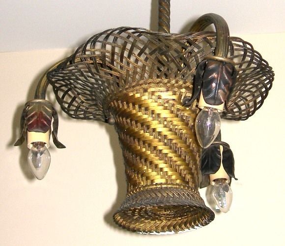 Italian Woven Brass Basket Form 3-Lite Chandelier<br />
(Height given includes canopy/link)