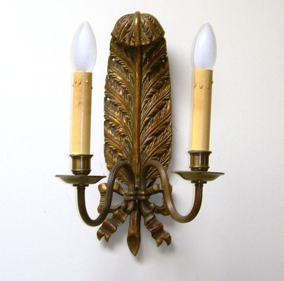 Pair Feather & Ribbon Motif Sconces (GMD#1619)