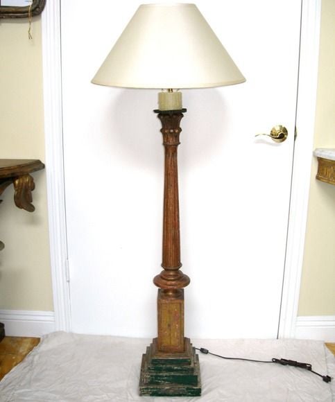 19th C. Italian  CArved, Painted & Parcel Giltwood Candlestick Lamp -height given to top of shade harp 51 inches high Note: Shade(s) shown for display only, not included.
(Showroom Closing/Liquidation, Now on final sale for 500.00 base only,