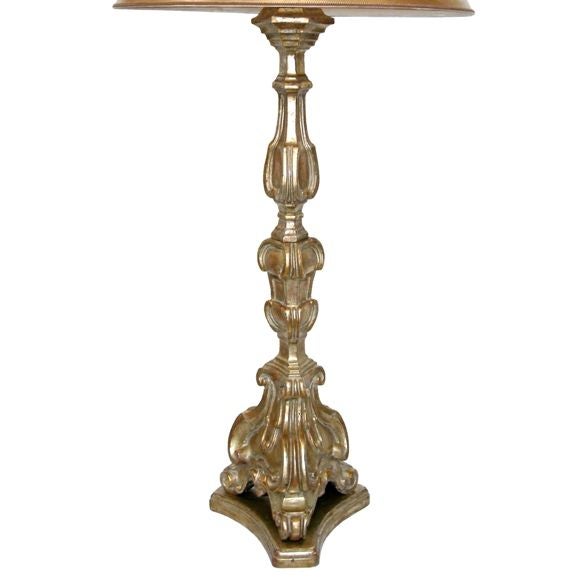 Italian LXIV Style Carved, Giltwood (Borghese Finish - 23K White & Yellow Golds), Candlestick Laqmp - Height given to top of shade harp - 48H; Note: Shade(s) shown for display only, not included.
(Showroom Closing/Liquidation, Now on final sale for