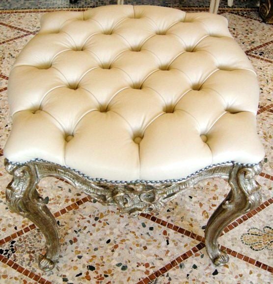Italian Venetian Style Carved, Silver Giltwood High Ottoman or Coffee Table w/Tufted Leather and nailnead trim