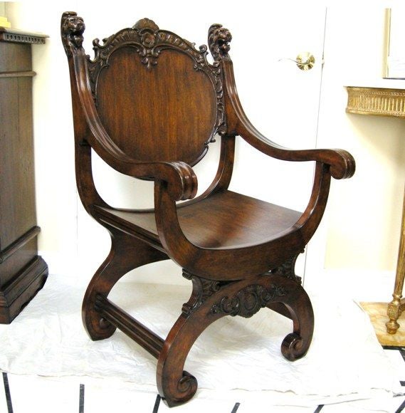 Late 19th C. Italian Savonarola Style Carved Walnut Arm Chair