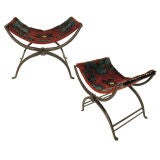 Pair 19th C. Iron Benches w/Kilim Carpet Seats