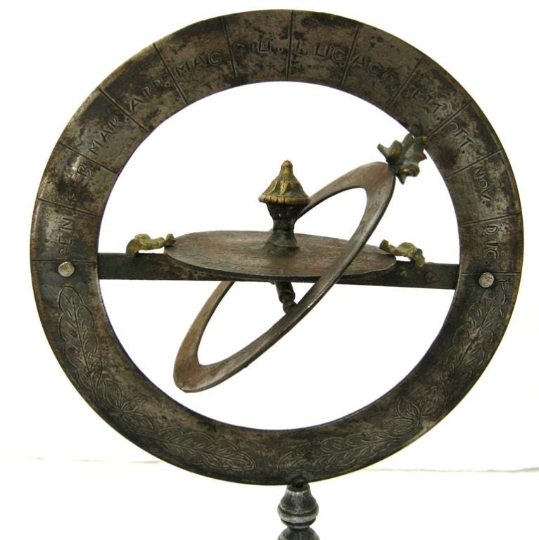 19th Century Continental Iron & Bronze Armillary Sphere on Silver Giltwood Stand