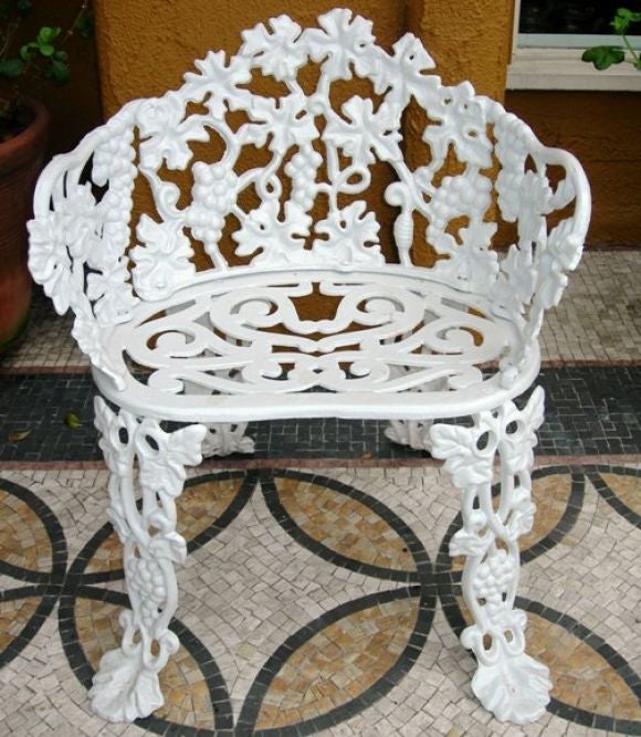 Set of 10 Cast Iron & Painted Garden Furniture<br />
6 Chairs - 21.5Wx22Dx26H<br />
2 Side Tables - 20.5TDx27BDx14.5H<br />
2 Love Seats - 39.5Wx21Dx27.5H