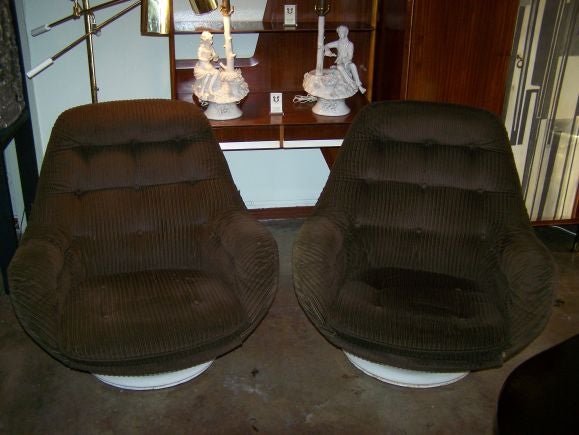 AERO DYNAMIC FIBERGLASS MOLDED ARMCHAIRS WITH BROWN CORDUROY UPHOLSTERED