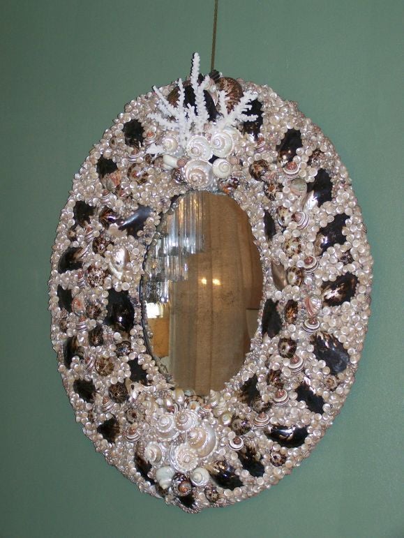 LARGE OVAL MIRROR COVER WITH SEA SHELL, CORAL AND TORTOISE