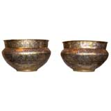 Vintage Pair of Egyptian Brass Planters with Figural Designs