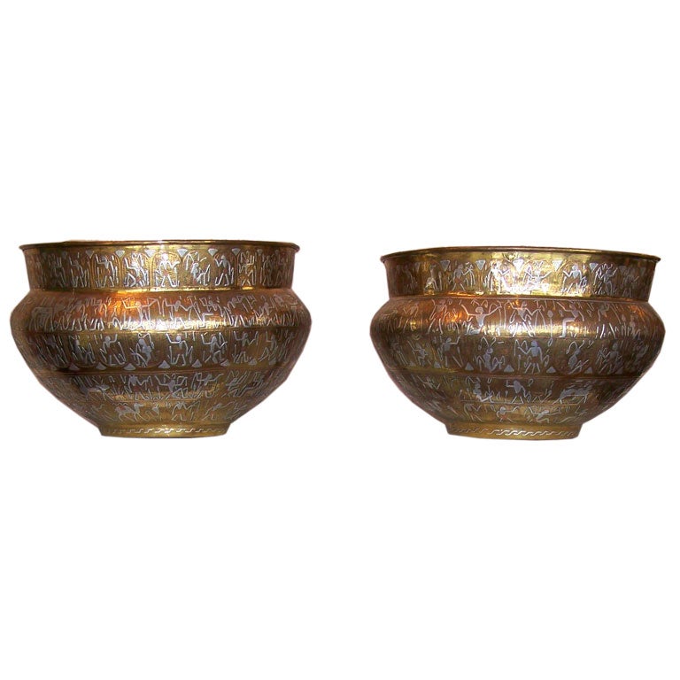 Pair of Egyptian Brass Planters with Figural Designs