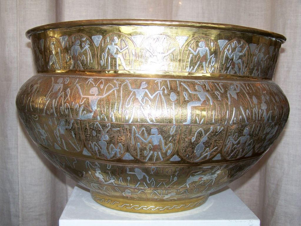 Pair of Egyptian Brass Planters with Figural Designs In Excellent Condition In Los Angeles, CA