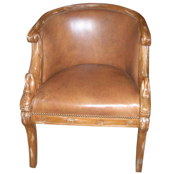 French leather chair with oak swan detail For Sale