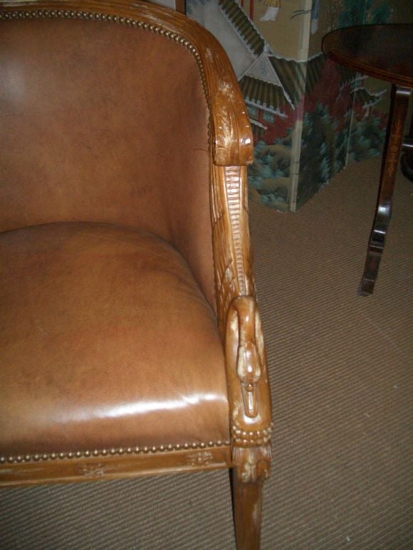 Leather French leather chair with oak swan detail For Sale
