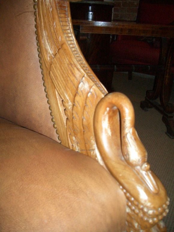 French leather chair with oak swan detail For Sale 1