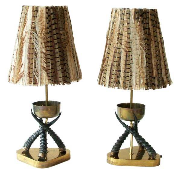 Brass and horn lamps with feather shades