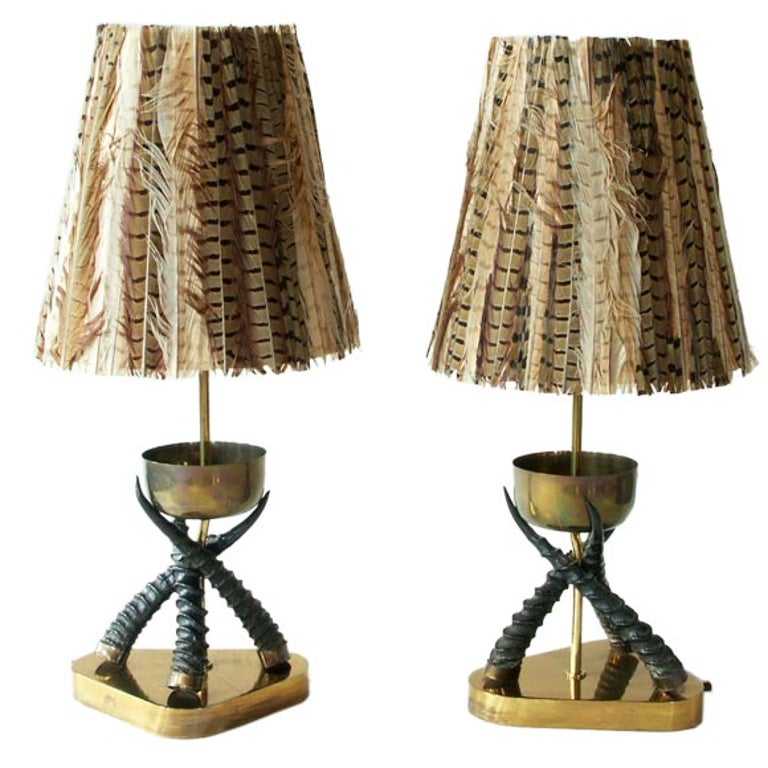 Brass and horn lamps with feather shades at 1stDibs