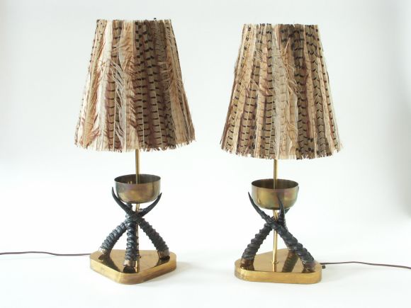 Brass and horn lamps with feather shades 4