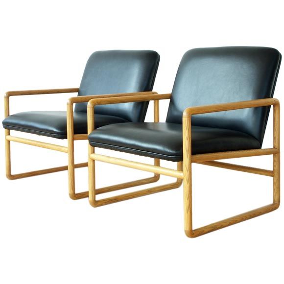 Ward Bennett oak and leather armchairs