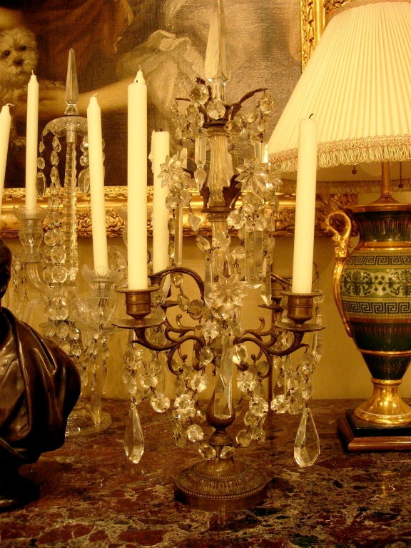 One Pair Of Bronze And Crystal Girandole Candelabra
