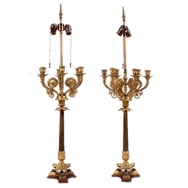Pair of French Doré Bronze Candelabra Form Lamps For Sale