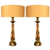 One Pair Of Art Modern Brushed Stainless Lamps With Silk Shades.