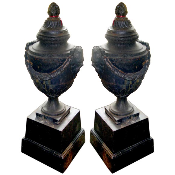 One Pair Windface Iron Urns On Stands