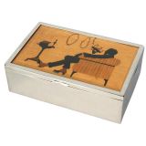 Antique Art Deco Humidor with inlaid woods depicting a lounging smoker