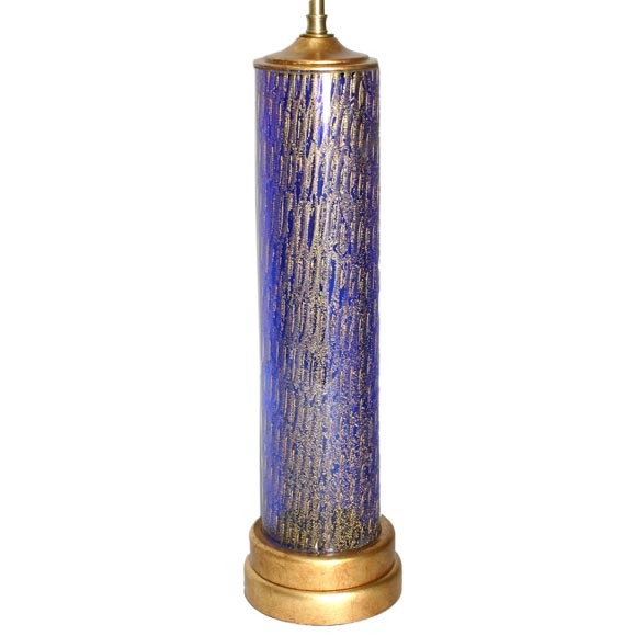 Cobalt and Gold Feathered Murano Glass Lamp For Sale