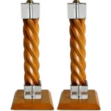 Pair of Twisted Wood and Lucite lamps