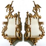 Pair Hand Carved Mirrored Wall Shelves