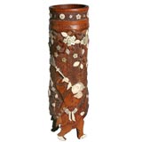 Antique Beautifully  Carved Bamboo Vase with Ivory and MOP details